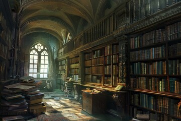 Poster - A library filled with ancient texts and dust, situated next to a window, A serene library filled with ancient texts and dusty tomes