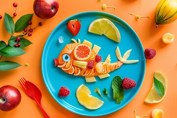 Photo of a fish made from fruit on an orange background, a blue plate with green leaves and some fresh fruits on it, top view, flat lay. The scene is a creative idea for a children's food design conce