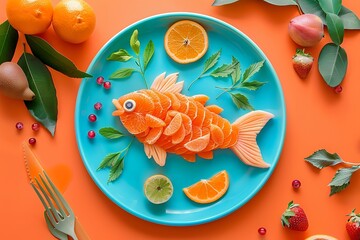 Wall Mural - Photo of a fish made from fruit on an orange background, a blue plate with green leaves and some fresh fruits on it, top view, flat lay. The scene is a creative idea for a children's food design conce