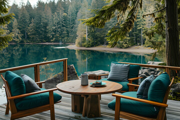 Wall Mural - A cozy terrace with teal cushioned chairs and a wooden table, facing a tranquil lake and pine forest