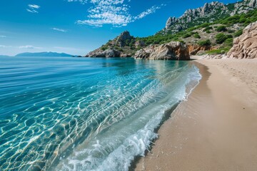 Wall Mural - A beach with clear blue water nestled next to a cliff, creating a serene and picturesque scene, A serene panorama of a secluded beach with crystal clear water lapping at the shore