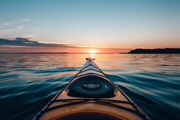 Sticker - A kayak gliding on calm waters with the sun setting in the background, A serene scene of a kayak gliding across calm waters at sunset