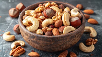 A rustic nut bowl with a variety of healthy snacks generated by AI  