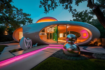 Wall Mural - A futuristic dome home with a metallic finish. The yard is landscaped with neon lights and abstract sculptures