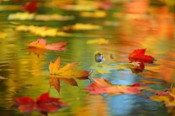 Wall Mural - Group of leaves peacefully floating on the surface of a calm body of water, A serene scene of leaves floating on a tranquil pond, creating a reflection of autumn colors