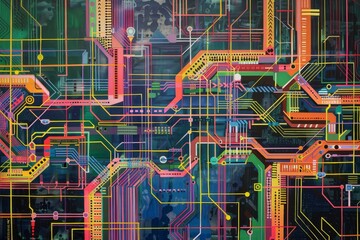 Wall Mural - A complex network of colorful wires intertwined in a chaotic yet organized manner, A series of complex circuit diagrams interwoven with colorful patterns