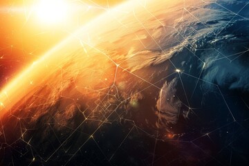 Poster - A space station hovering in space with a bright sun in the background, A series of geometric shapes representing the rays of the sun hitting the earth's surface