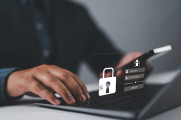 Fototapete - Cybersecurity and privacy concepts to protect data. Lock icon and internet network security technology. Businessman protecting personal data on
