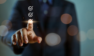 Poster - Businessman tick correct sign mark for document approve , project acceptance and quality assurance concept, Take an assessment, questionnaire, evaluation, online survey online exam.