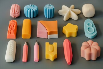 Poster - Various colored plastic objects of different shapes displayed on a table, A set of erasers in various shapes and sizes