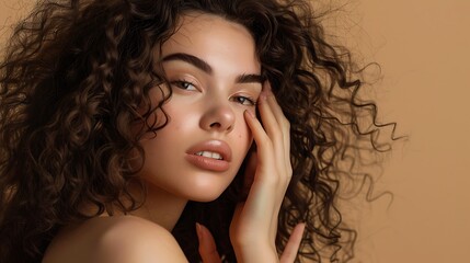 Wall Mural - Young white beauty with curly hair, makeup style, and perfect skin, on a beige background. 