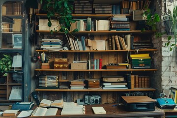 Poster - A bookshelf filled with numerous books and office supplies situated next to a window, A shelf filled with books and office supplies in a makeshift workspace