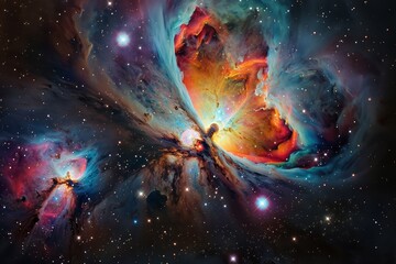 Wall Mural - a shimmering nebula bursting with vibrant colors among a cluster of stars in the night sky, a shimme