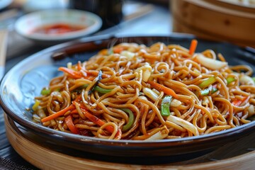 Wall Mural - A close up view of a sizzling plate of stir-fried noodles with crunchy toppings, A sizzling plate of stir-fried noodles with crunchy vegetables and savory soy sauce