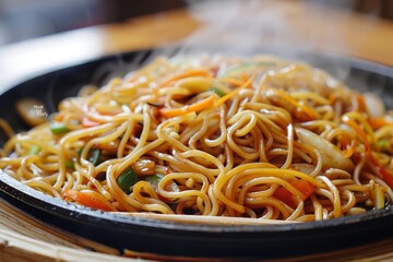 Wall Mural - A plate of sizzling stirfried noodles with assorted vegetables on a wooden table, A sizzling plate of stir-fried noodles with crunchy vegetables and savory soy sauce