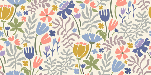 Wall Mural - Vector summer seamless pattern with natural elements, flowers, leaves in modern trendy style.