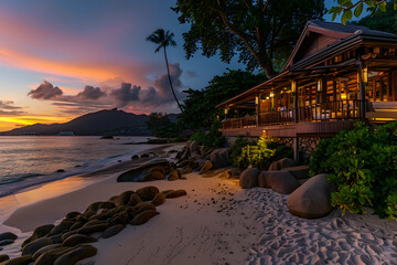 A luxurious beachfront retreat with a wrap-around veranda, glowing under the soft light of a Seychelles sunset