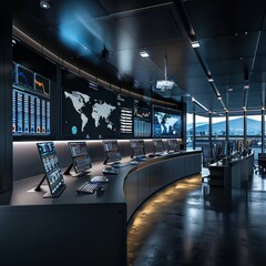Poster - A modern control room featuring a large wall map for monitoring activities, A sleek and modern control room, filled with monitors displaying real-time data and analytics