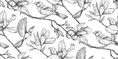 beautiful hand drawn vector seamless pattern with black and white garden flowers birds. endless back