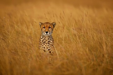 Poster - A cheetah sits among tall grass in its natural habitat, A sleek cheetah blending into the tall grass