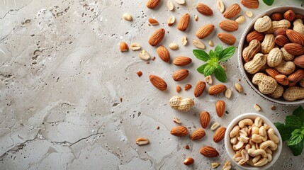 Assortment of Nuts on a Grey Marble Background