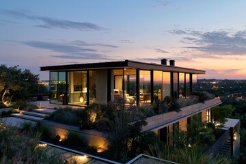 Wall Mural - Sleek modern house with floor-to-ceiling windows showcasing the city lights at night, A sleek, minimalist modern home with floor-to-ceiling windows and a rooftop garden