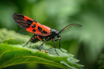 Poster - A small red and black bug with delicate wings perched on top of a green leaf, A small, red and black insect with delicate wings