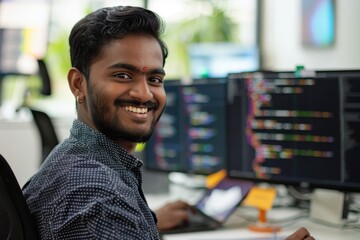 Poster - smiling indian man sitting in front of a computer monitor, debugging code, a smiling indian man debu