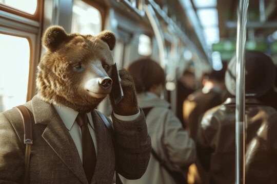 A bear is taking a selfie on a subway train