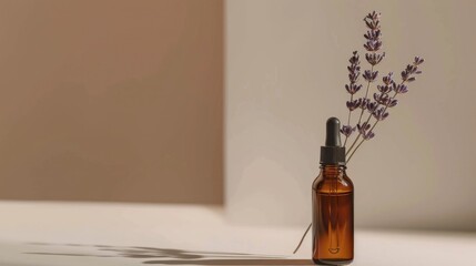 Wall Mural - Brown glass serum bottle with lavender sprigs for skincare concept