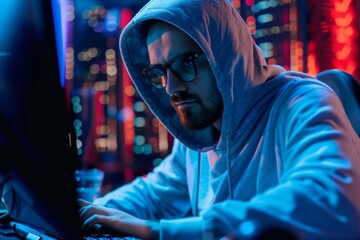Poster - A man wearing a hooded sweatshirt is actively using a computer for social engineering training, A social engineering expert training employees to recognize phishing attempts