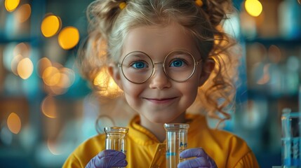 Wall Mural - Portrait of a cute little scientist excited, holding a test tube, on a blurred lab background. Copy space for text.