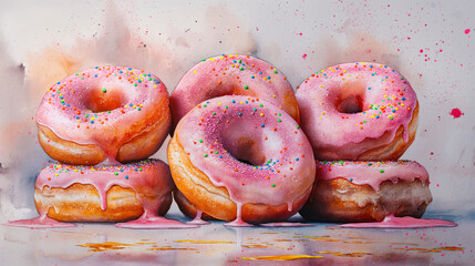 A painting of a stack of pink frosted donuts with sprinkles