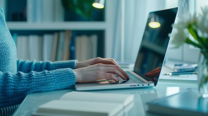 A person engaged in online learning using a laptop and digital materials in a modern home setting