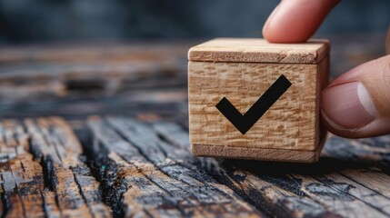 Wall Mural - Strategic Choices: Hand Selecting Check Mark on Top of Wooden Cube Blocks with Cross Symbol, Illustrating Business Decision and Strategy Concepts