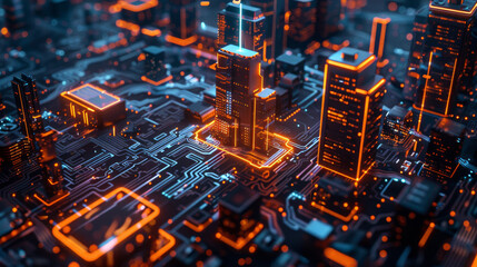 Futuristic city  illuminated on circuit board, smart city