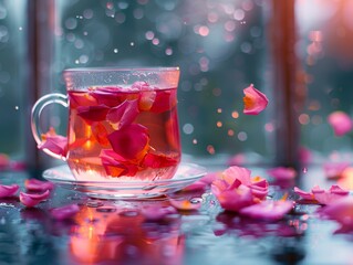 Atmospheric shot of rose tea with foggy window background and falling rose petals, rose tea, atmospheric scene.