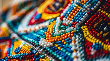 Close-up of colorful beaded pattern with various shades of beads. Indigenous Peoples Day