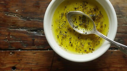 Poster - Bowl of olive oil with herbs and spoon on rustic wooden table.