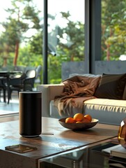Leinwandbilder - A cylindrical voice assistant device sits on a coffee table in a stylish, modern living room with large windows overlooking a lush green outdoor area. Generative AI