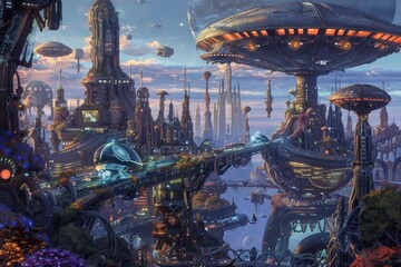 Poster - a futuristic cityscape with numerous towering skyscrapers and advanced architecture, a sprawling spa