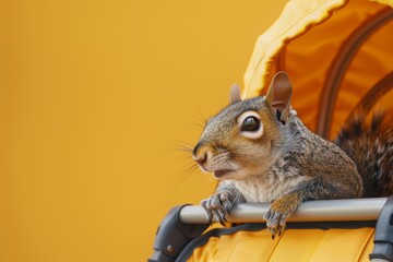 A squirrel is sitting in a stroller