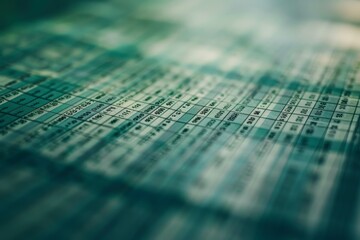 Poster - detailed view of a table covered in rows of numbers and formulas, showing data analysis or financial