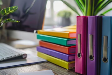 Canvas Print - A stack of colorful binders placed next to a laptop on a desk, A stack of colorful folders and binders next to a computer