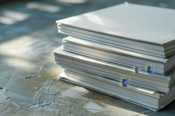 Poster - A neat stack of white papers placed on top of a wooden table, A stack of pristine notebooks waiting to be filled