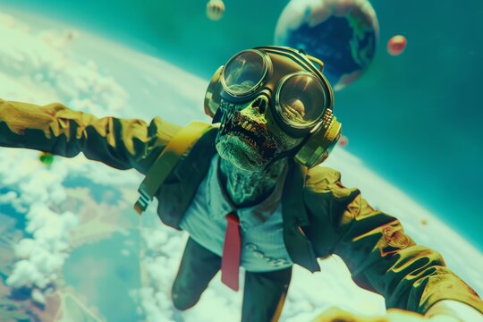 A zombie man in a suit is flying through the air with his head down