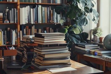 Wall Mural - A neat stack of books placed on top of a wooden table, A stack of textbooks neatly arranged on a desk