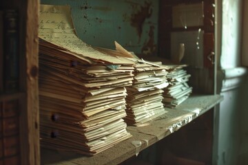Poster - A stack of papers sitting on top of a wooden shelf in a room with a vintage feel, A stack of unread letters on a dusty shelf
