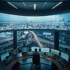 Poster - man working at desk by large window, a state-of-the-art control center, orchestrating traffic flow, 