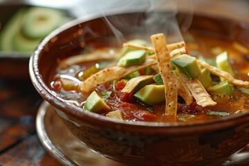 Wall Mural - A bowl of steaming soup with tortilla chips and avocado slices, A steaming bowl of spicy tortilla soup topped with avocado and crispy tortilla strips